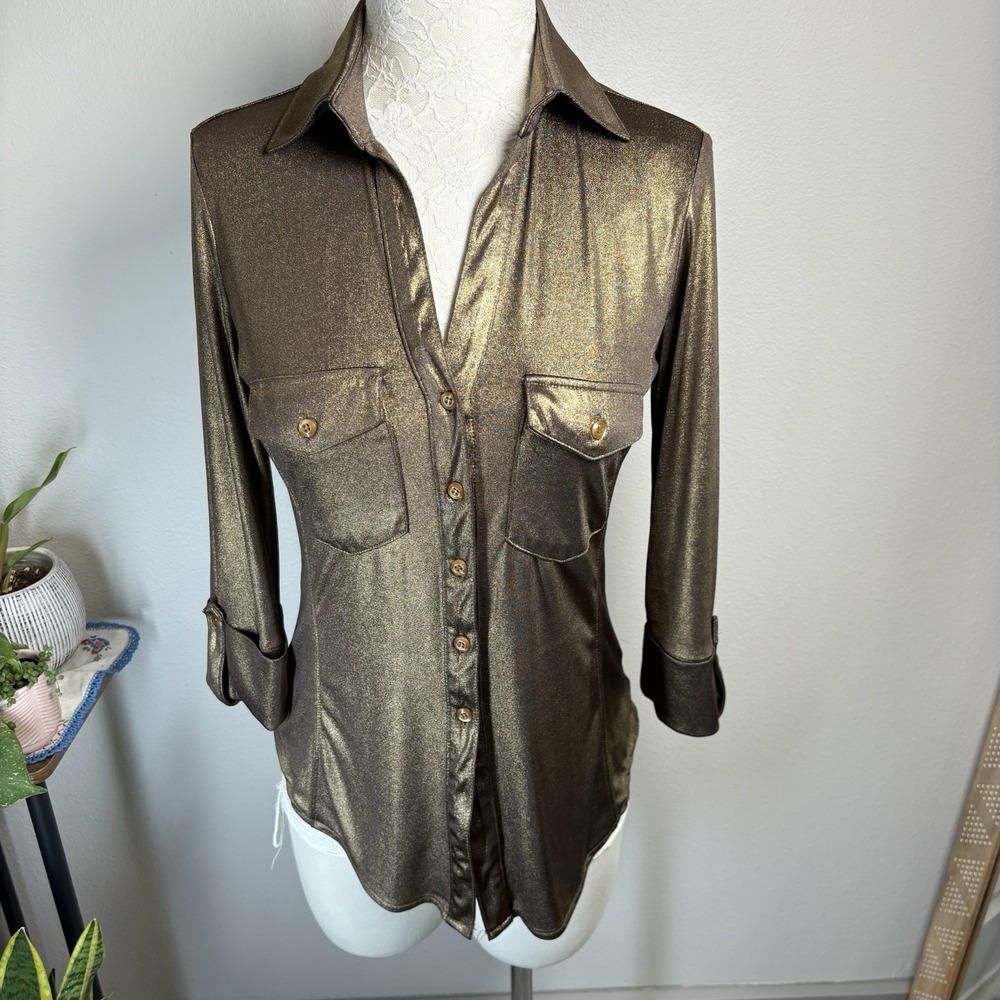 INC International Concepts Women's Petite SP ~Gold Metallic Collar LS V Neck Top